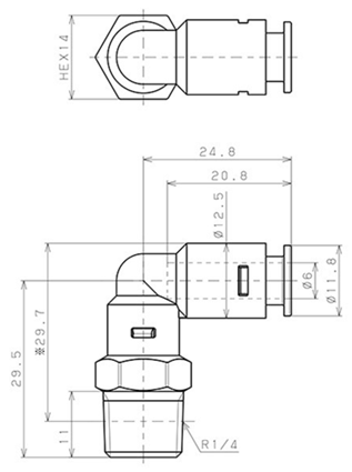 Bản vẽ kỹ thuật Đầu Nối Nhanh Khí Nén Dạng Cong 90° Ren Ngoài Pisco APL6-02