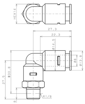 Bản vẽ kỹ thuật Đầu Nối Nhanh Khí Nén Dạng Cong 90° Ren Ngoài Pisco APL8-01-N-C