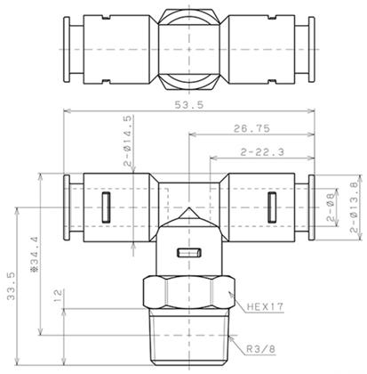 Bản vẽ kỹ thuật Đầu Nối Nhanh Khí Nén Dạng Chữ T Ren Ngoài Pisco APB8-03-N-C