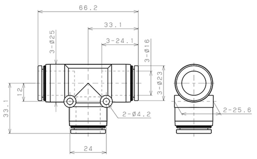Bản vẽ kỹ thuật Đầu Nối Nhanh Khí Nén Chữ T Phi 16mm Pisco PE16