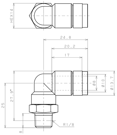 Bản vẽ kỹ thuật Đầu Nối Nhanh Khí Nén Cong 90° Phi 8mm Ren Ngoài R1/8 Pisco KL8-01