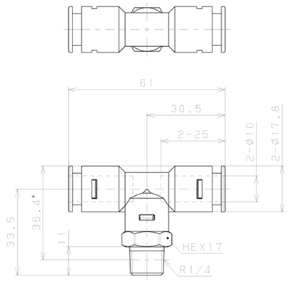Bản vẽ kỹ thuật Đầu Nối Nhanh Khí Nén Dạng Chữ T Ren Ngoài Pisco APB10-02