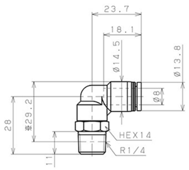Bản vẽ kỹ thuật Đầu Nối Nhanh Khí Nén Cong 90° Phi 8mm Ren Ngoài R1/4 Pisco PL8-02