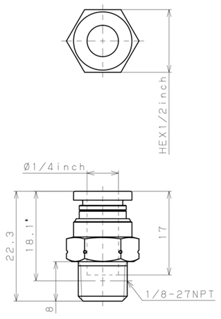 Bản vẽ kỹ thuật Đầu Nối Nhanh Khí Nén Dạng Thẳng Thân Lục Giác Ren Ngoài Pisco PC1/4-N1U