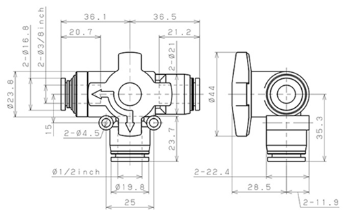 Bản vẽ kỹ thuật Van Chuyển Hướng Khí Nén Ba Ngã Pisco HBV1/2-3/8