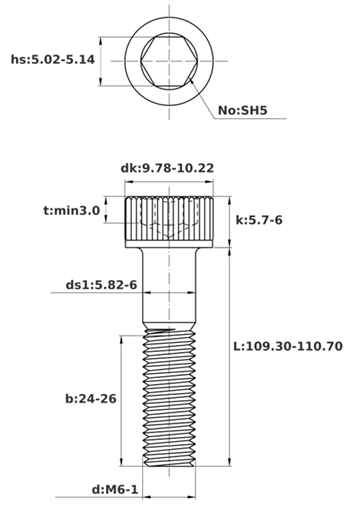 Bản vẽ kỹ thuật Lục Giác Chìm Đầu Trụ Thép Đen 12.9 DIN912 M6x110 Ren Lửng