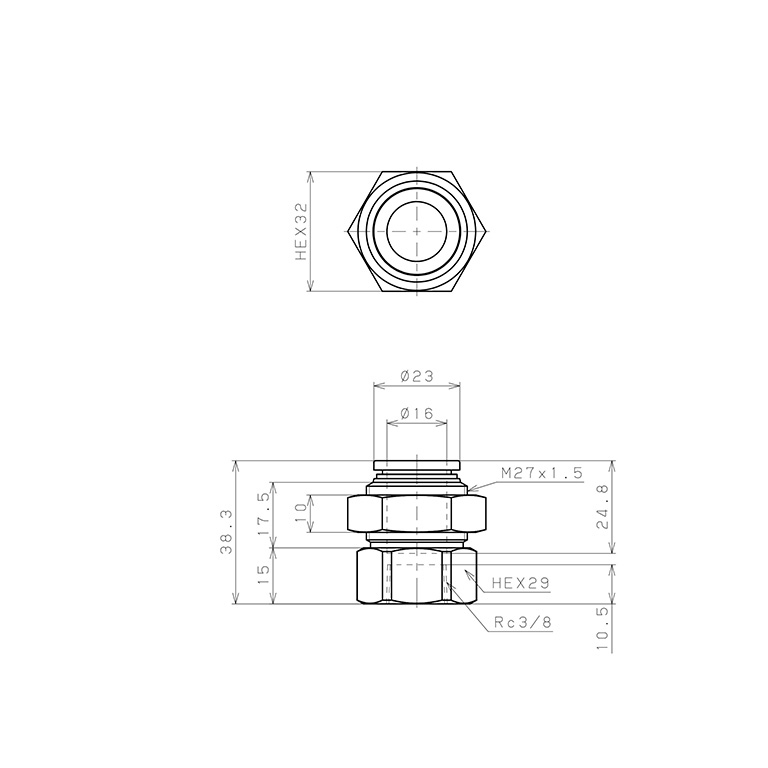 Bản vẽ kỹ thuật Đầu Nối Nhanh Khí Nén Dạng Thẳng Ren Trong Ngoài Pisco SPMF16-03