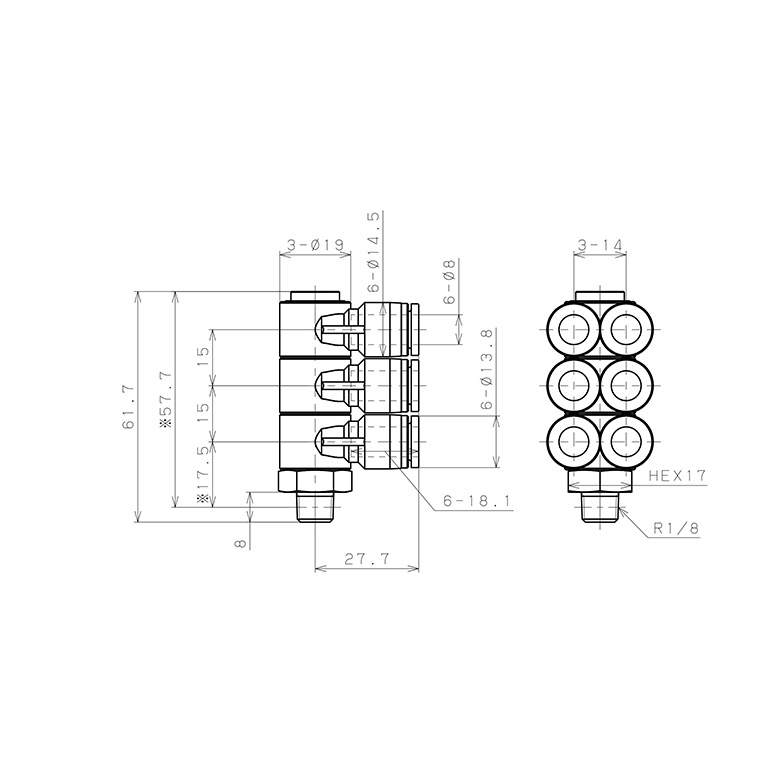 Bản vẽ kỹ thuật Đầu Nối Nhanh Khí Nén Sáu Nhánh Cong 90° Thân Lục Giác Trụ Ren Ngoài Pisco SPAT8-01
