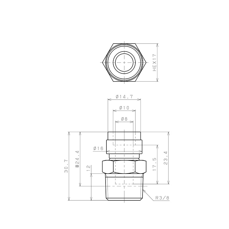 Bản vẽ kỹ thuật Đầu Nối Nhanh Khí Nén Dạng Thẳng Thân Lục Giác Ren Ngoài Pisco PC8-03V-0
