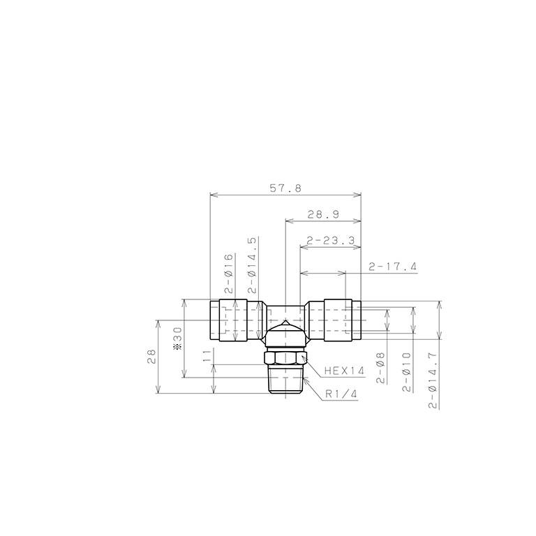 Bản vẽ kỹ thuật Đầu Nối Nhanh Khí Nén Dạng Chữ T Ren Ngoài Pisco PB8-02V-0