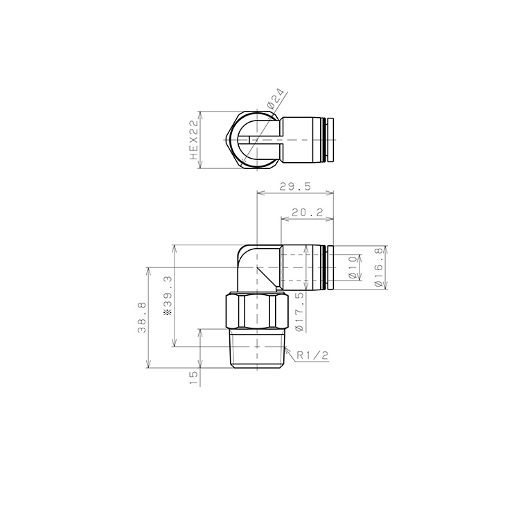 Bản vẽ kỹ thuật Đầu Nối Nhanh Khí Nén Dạng Cong 90° Ren Ngoài Có Khớp Xoay Pisco RL10-04