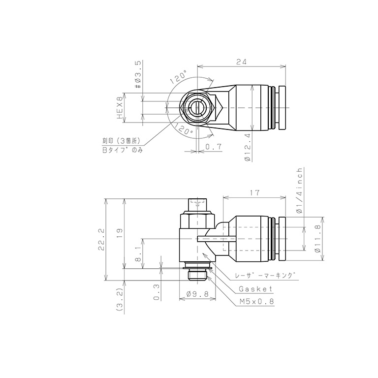 Bản vẽ kỹ thuật Van Tiết Lưu Khí Nén Đầu Vít Dẹp Pisco JSDC1/4-M5B-C