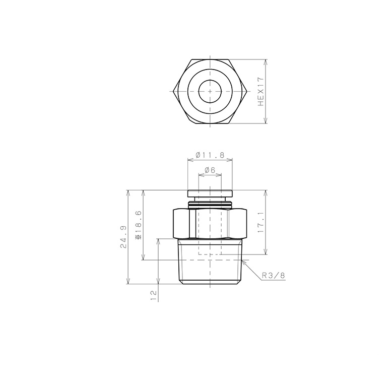 Bản vẽ kỹ thuật Đầu Nối Nhanh Khí Nén Dạng Thẳng Thân Lục Giác Ren Ngoài Pisco PPC6-03-UC