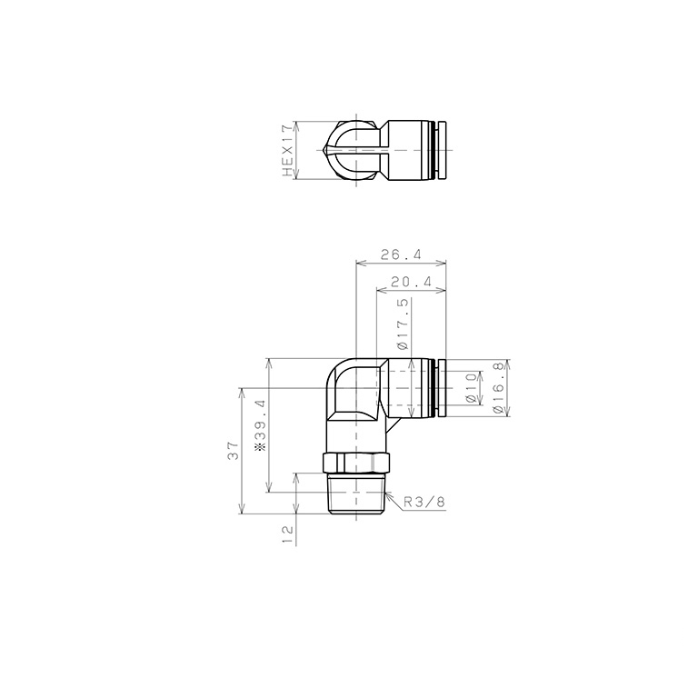 Bản vẽ kỹ thuật Đầu Nối Nhanh Khí Nén Dạng Cong 90° Ren Ngoài Pisco PPL10-03-HN-TP