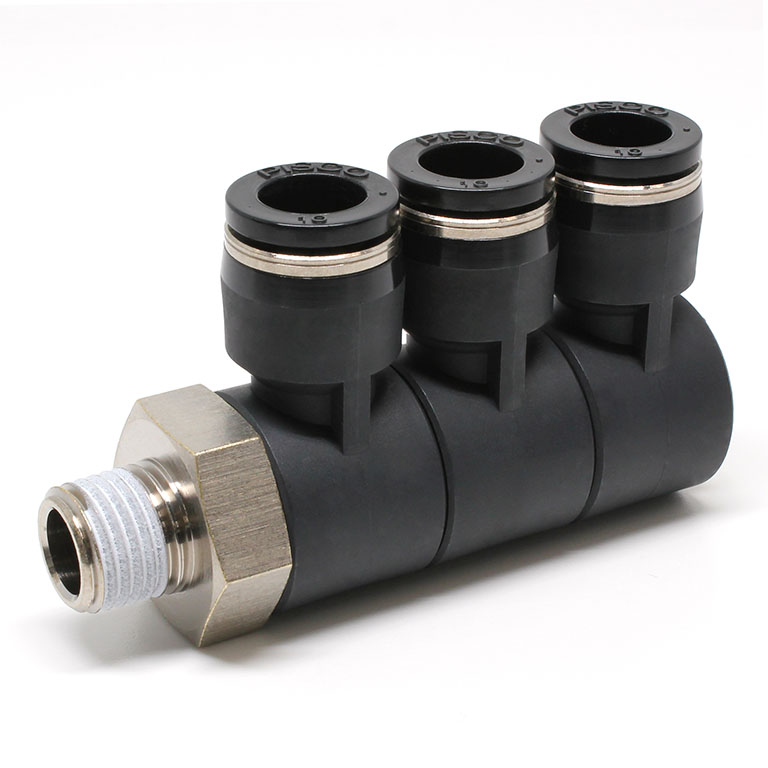 Đầu Nối Nhanh Khí Nén Ba Nhánh Cong 90° Thân Lục Giác Trụ Ren Ngoài Pisco PHT10-02W