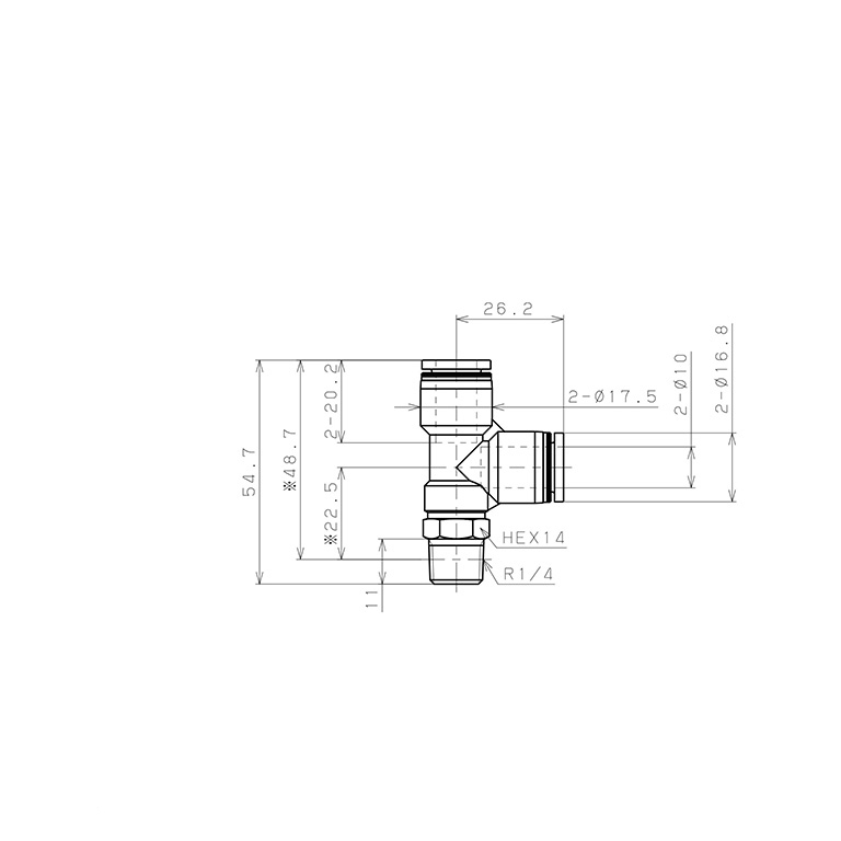 Bản vẽ kỹ thuật Đầu Nối Nhanh Khí Nén Dạng Chữ T Ren Ngoài Pisco PD10-02W-C