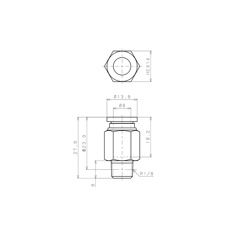 Bản vẽ kỹ thuật Đầu Nối Nhanh Khí Nén Dạng Thẳng Thân Lục Giác Ren Ngoài Pisco SPPC8-01SP