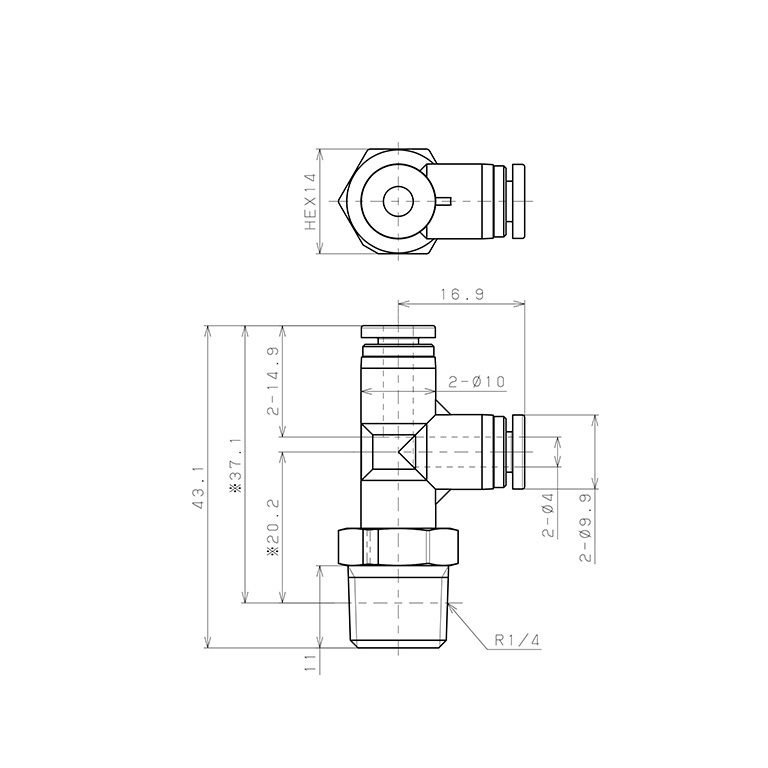 Bản vẽ kỹ thuật Đầu Nối Nhanh Khí Nén Dạng Chữ T Ren Ngoài Pisco SPPD4-02