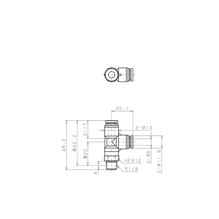 Bản vẽ kỹ thuật Đầu Nối Nhanh Khí Nén Dạng Chữ T Ren Ngoài Pisco SPPD6-01
