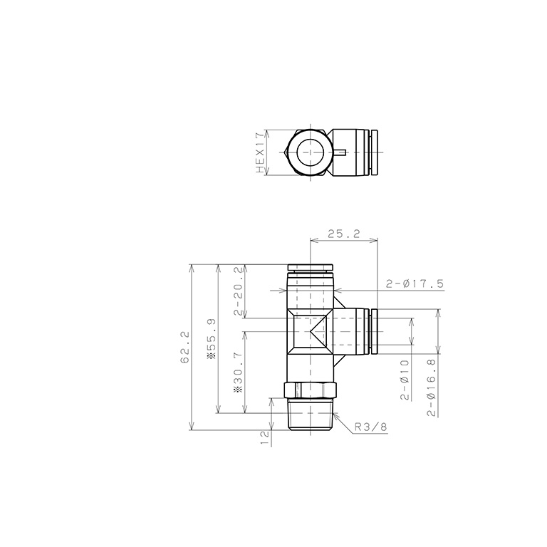 Bản vẽ kỹ thuật Đầu Nối Nhanh Khí Nén Dạng Chữ T Ren Ngoài Pisco SPPD10-03