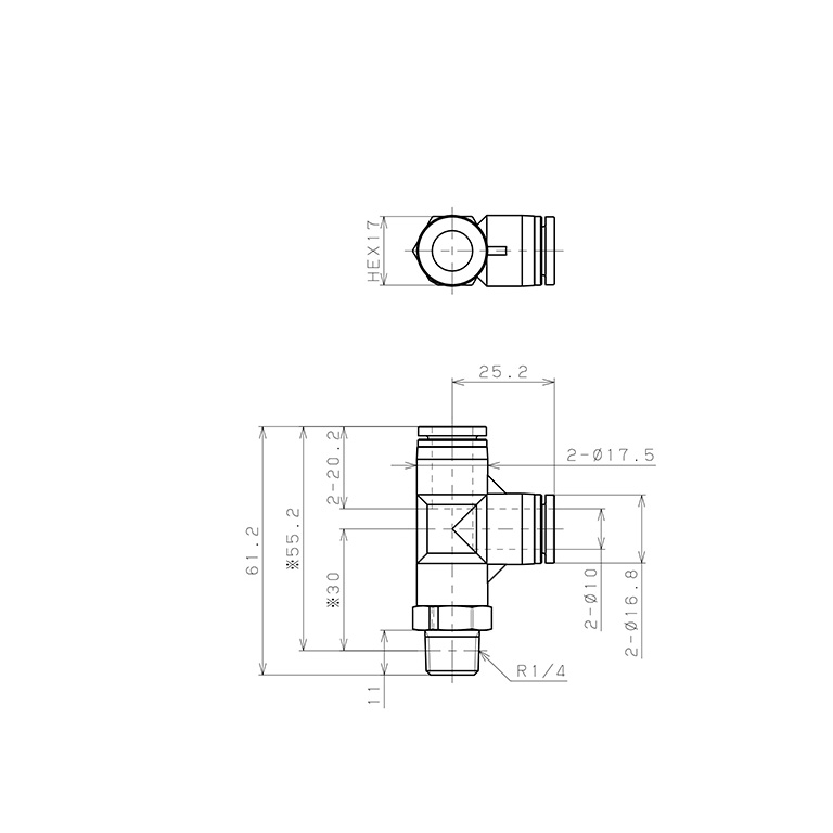 Bản vẽ kỹ thuật Đầu Nối Nhanh Khí Nén Dạng Chữ T Ren Ngoài Pisco SPPD10-02