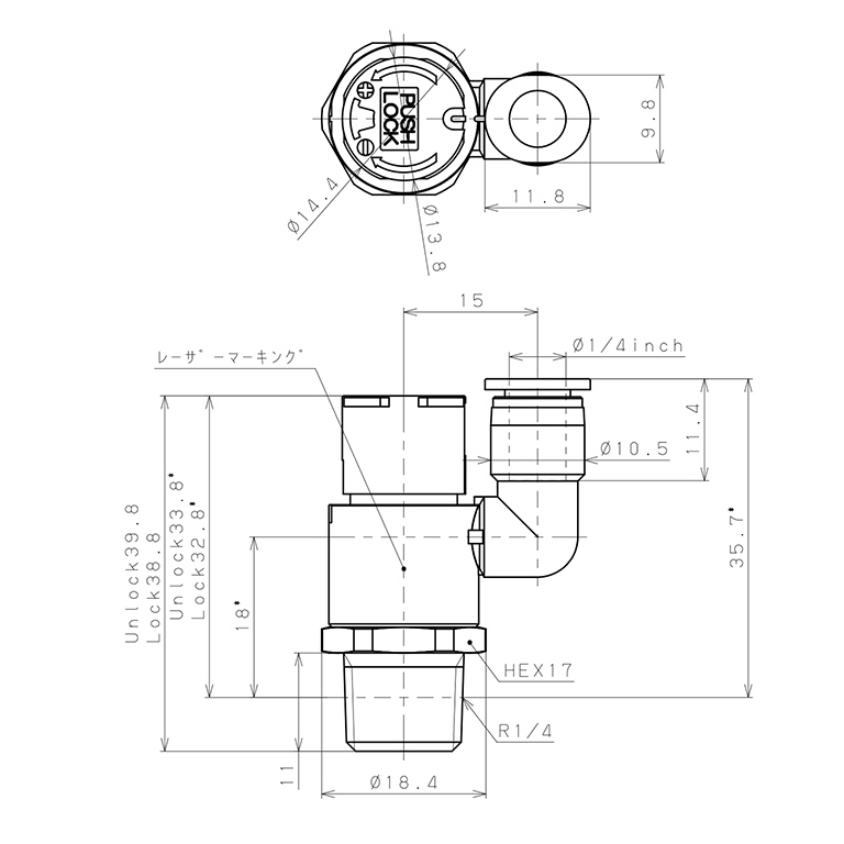 Bản vẽ kỹ thuật Van Tiết Lưu Khí Nén Loại Khóa Đẩy Có Hiển Thị Chỉ Số Pisco JSGS1/4-02AW