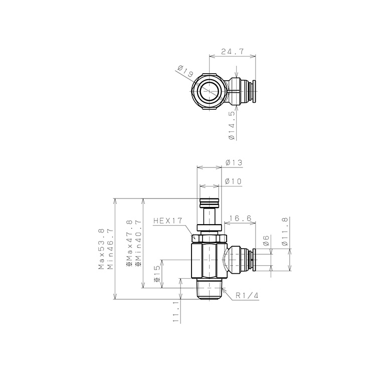 Bản vẽ kỹ thuật Van Tiết Lưu Khí Nén Chân Kim, Đồng Mạ Niken Pisco KJNC6-02-1-F