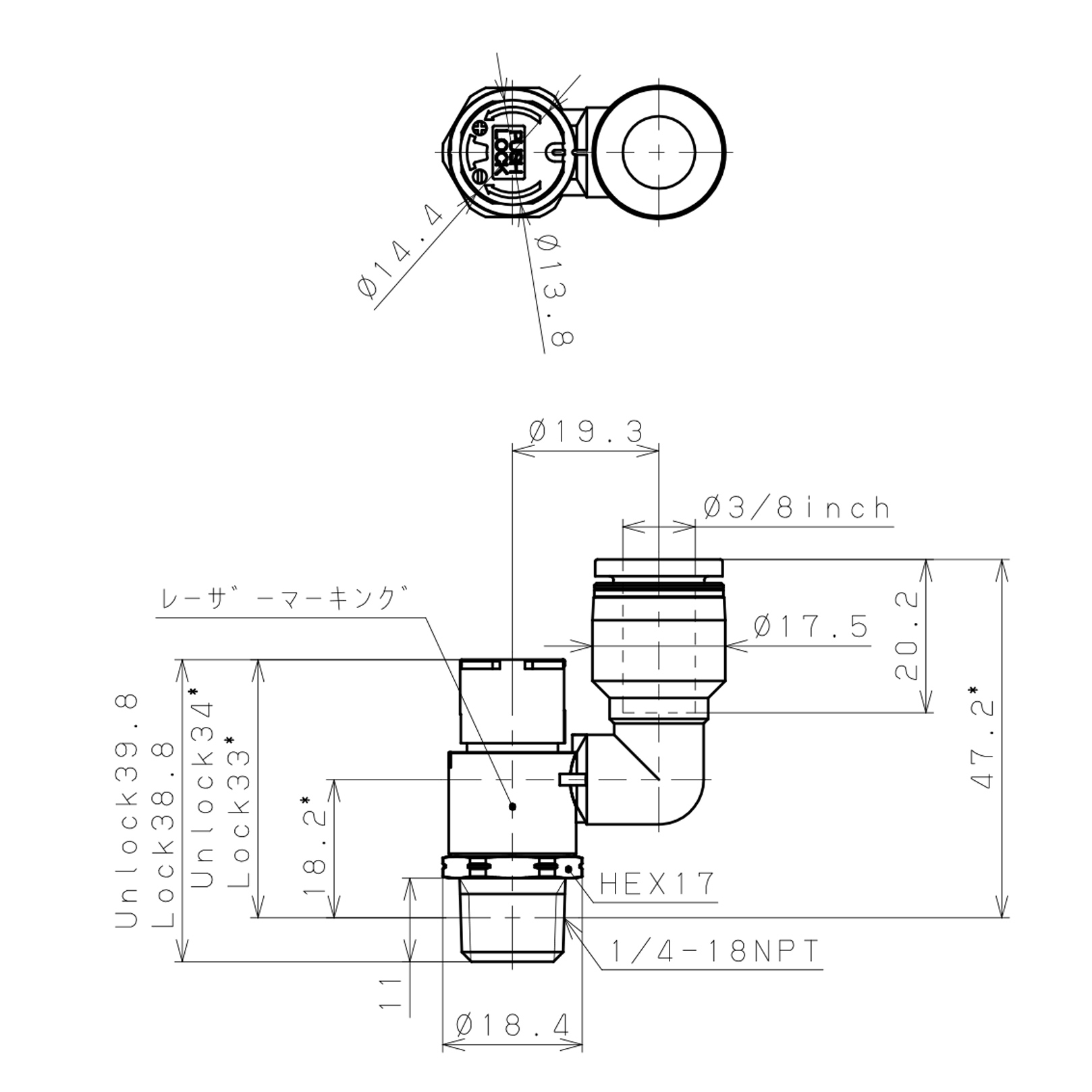 Bản vẽ kỹ thuật Van Tiết Lưu Khí Nén Loại Khóa Đẩy Có Hiển Thị Chỉ Số Pisco JSGS3/8-N2ALW