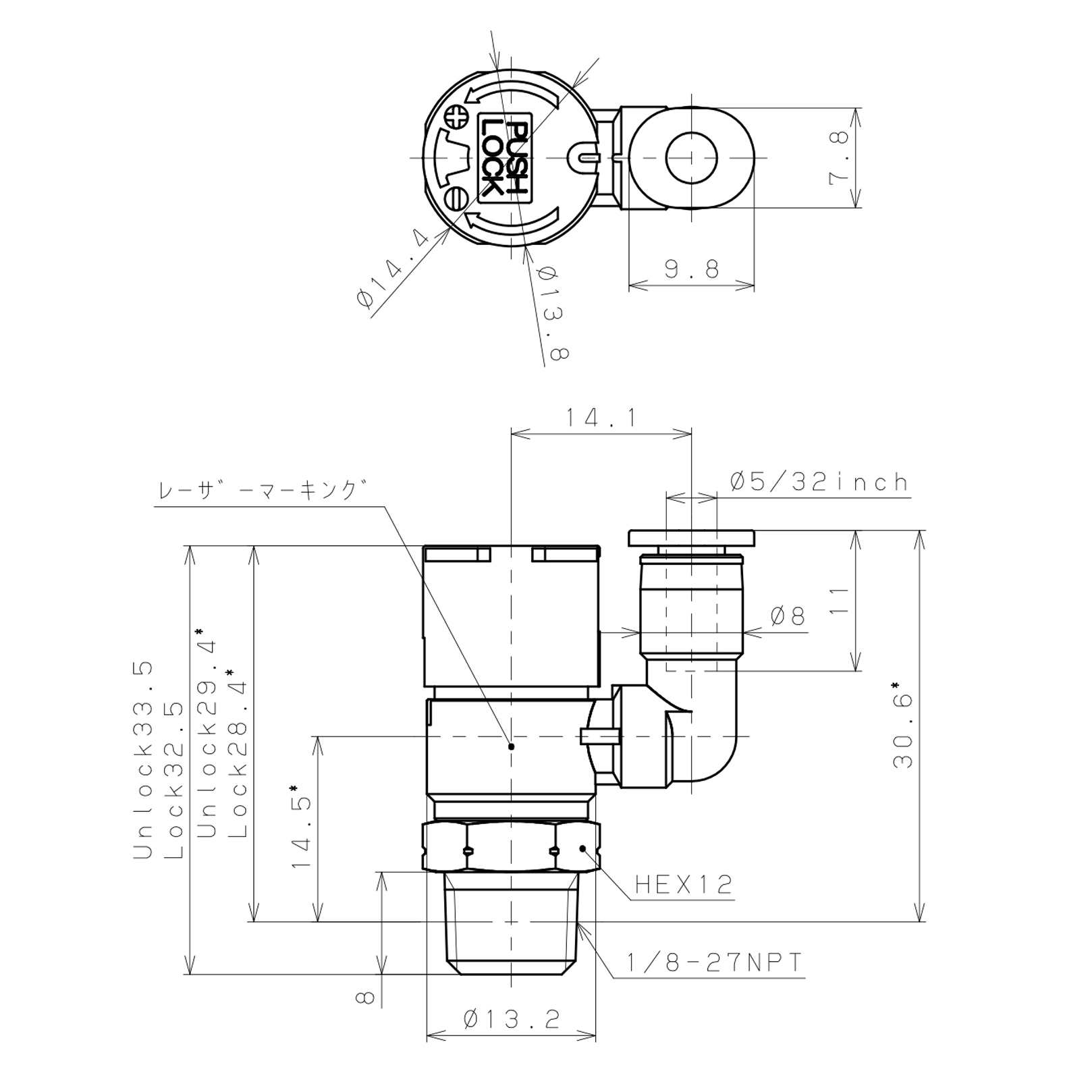Bản vẽ kỹ thuật Van Tiết Lưu Khí Nén Loại Khóa Đẩy Có Hiển Thị Chỉ Số Pisco JSGS5/32-N1AW