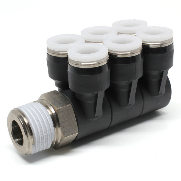 Đầu Nối Nhanh Khí Nén Sáu Nhánh Cong 90° Thân Lục Giác Trụ Ren Ngoài Pisco PAT3/8-N4U