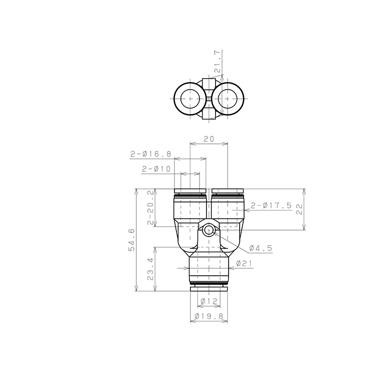 Bản vẽ kỹ thuật Đầu Nối Nhanh Khí Nén Chữ Y Dạng Nối Giảm Pisco PW12-10W-C