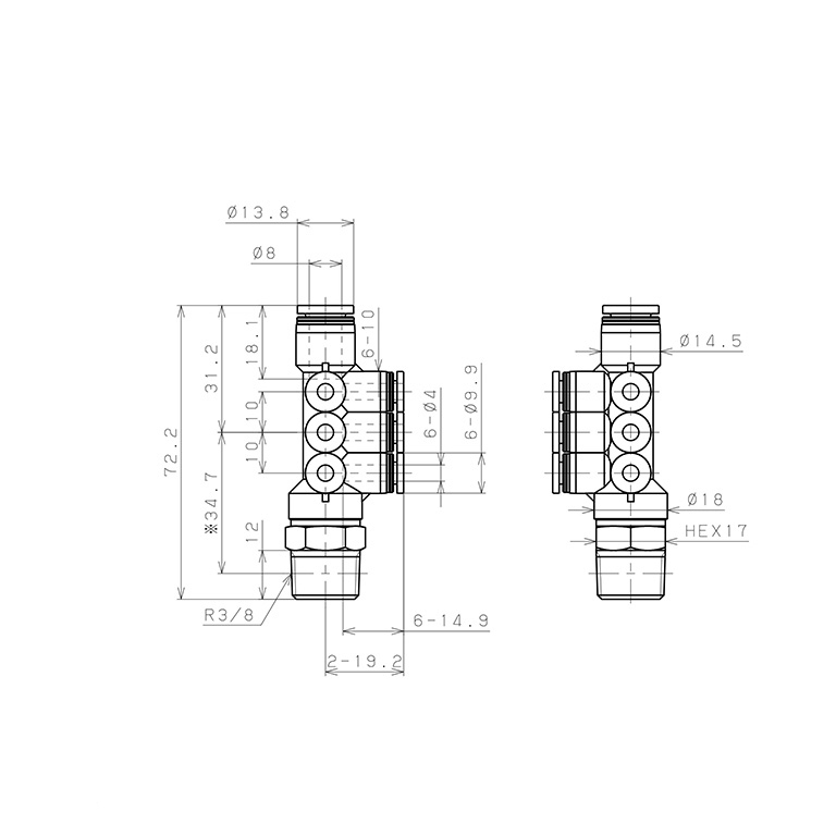 Bản vẽ kỹ thuật Đầu Nối Nhanh Khí Nén Dạng Chữ T Sáu Nhánh Ren Ngoài Pisco PKVD8-4-03
