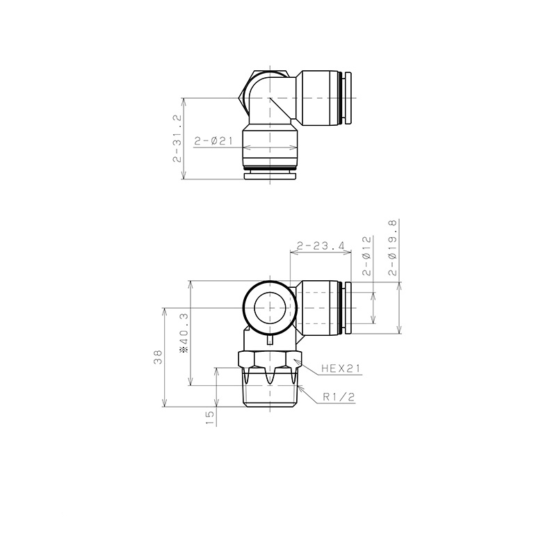 Bản vẽ kỹ thuật Đầu Nối Nhanh Khí Nén Hai Nhánh Chạc Ba Cong 90° Ren Ngoài Pisco PVX12-04