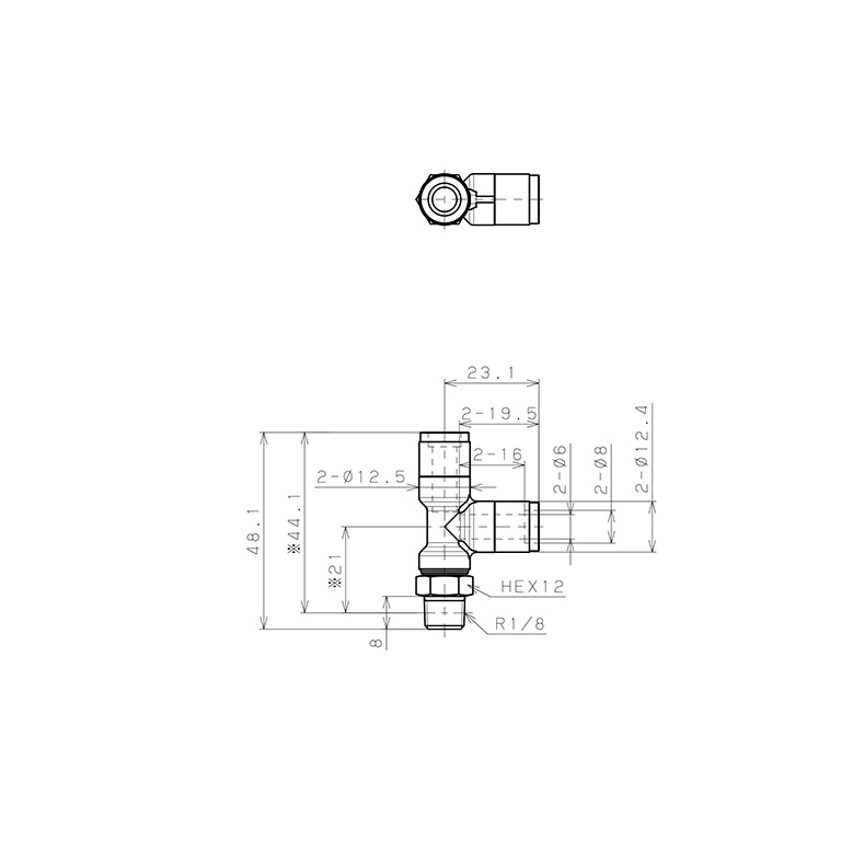 Bản vẽ kỹ thuật Đầu Nối Nhanh Khí Nén Dạng Chữ T Ren Ngoài Pisco KD6-01