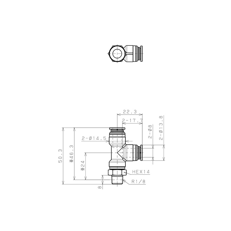 Bản vẽ kỹ thuật Đầu Nối Nhanh Khí Nén Dạng Chữ T Ren Ngoài Pisco KD8-01-1