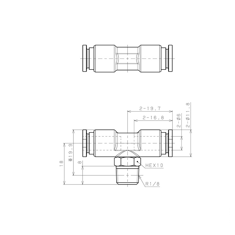 Bản vẽ kỹ thuật Đầu Nối Nhanh Khí Nén Dạng Chữ T Ren Ngoài Pisco SSPB6-01