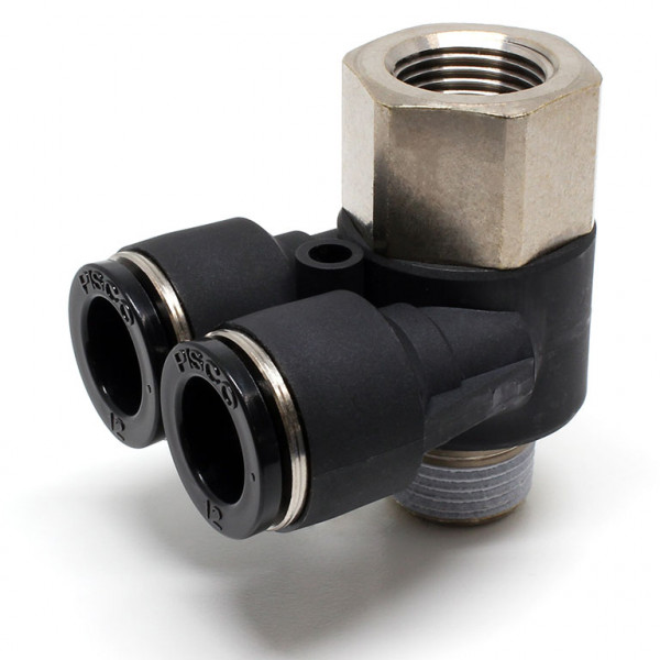 Đầu Nối Nhanh Khí Nén Hai Nhánh Cong 90° Đầu Lục Giác Trụ Ren Đực Cái Pisco PAF12-03W