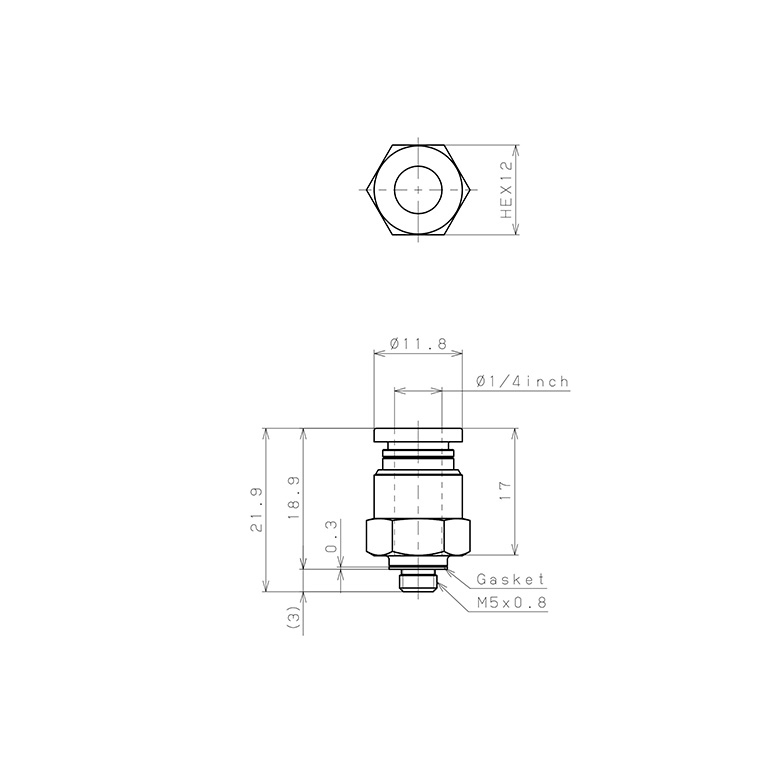 Bản vẽ kỹ thuật Đầu Nối Nhanh Khí Nén Dạng Thẳng Thân Lục Giác Ren Ngoài Pisco PC1/4-M5-C