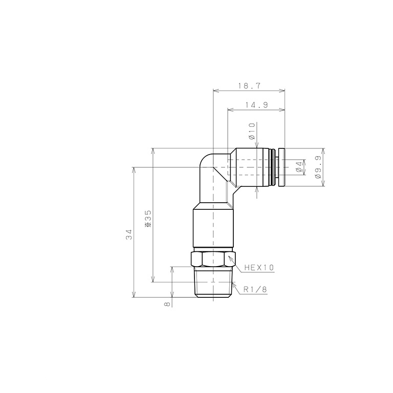 Bản vẽ kỹ thuật Đầu Nối Nhanh Khí Nén Dạng Cong 90° Ren Ngoài (Dài) Pisco PLL4-01-C