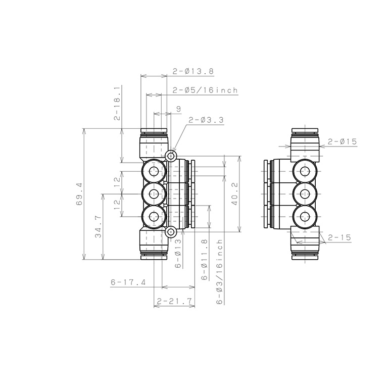Bản vẽ kỹ thuật Đầu Nối Nhanh Khí Nén Chữ T 8 Ngã Dạng Nối Giảm Pisco PKVG5/16-3/16