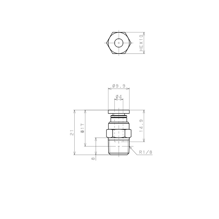 Bản vẽ kỹ thuật Đầu Nối Nhanh Khí Nén Dạng Thẳng Thân Lục Giác Ren Ngoài Pisco PC4-01-C