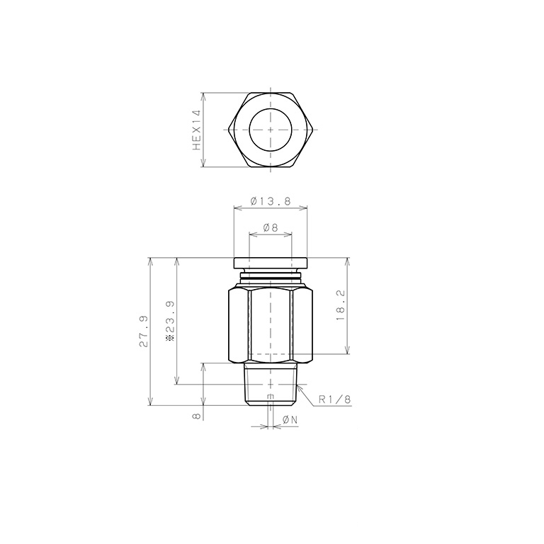 Bản vẽ kỹ thuật Đầu Nối Nhanh Khí Nén Lỗ Trích Khí Nhỏ Pisco PC8-01-0.4