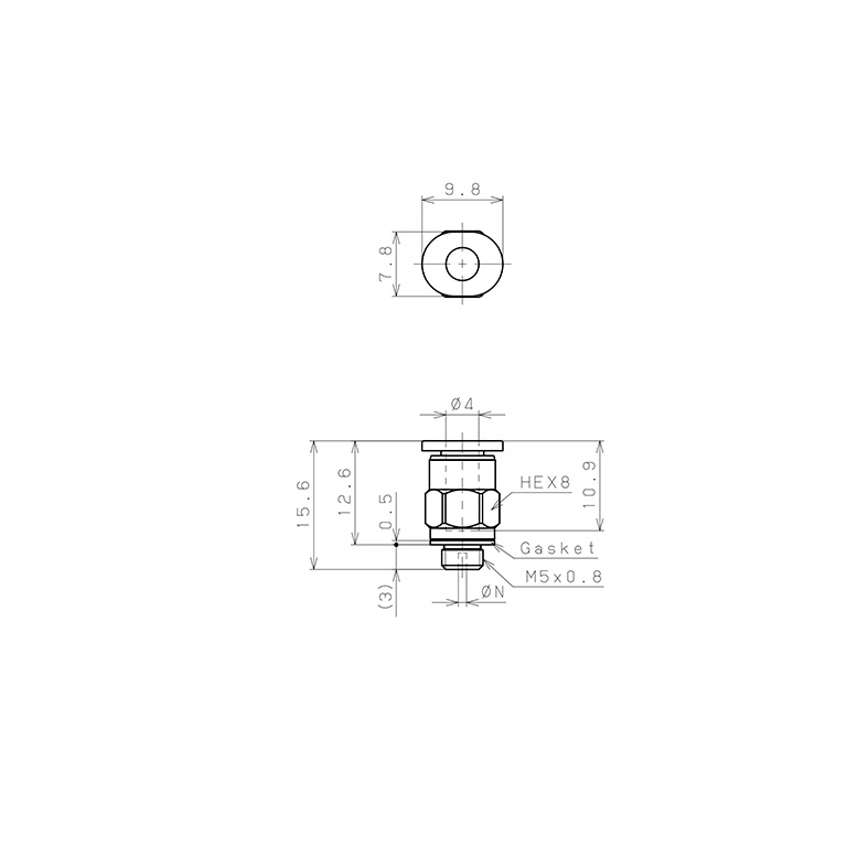 Bản vẽ kỹ thuật Đầu Nối Nhanh Khí Nén Lỗ Trích Khí Nhỏ Pisco PC4-M5M-0.6