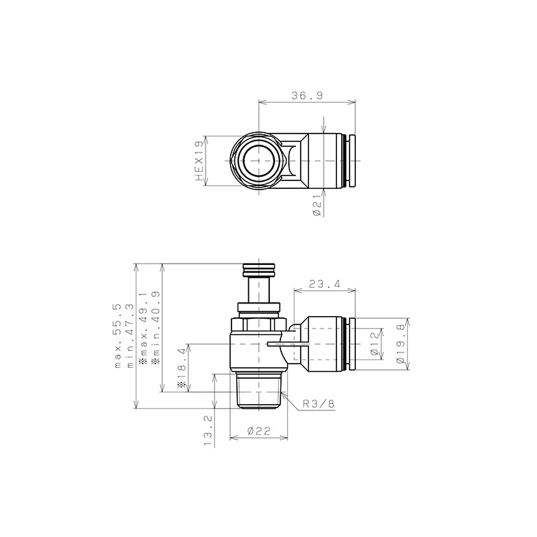 Bản vẽ kỹ thuật Van Tiết Lưu Khí Nén Chân Kim Pisco JNC12-03W