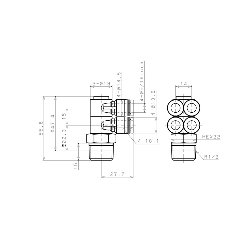 Bản vẽ kỹ thuật Đầu Nối Nhanh Khí Nén Bốn Nhánh Cong 90° Thân Lục Giác Trụ Ren Ngoài Pisco PAW5/16-04