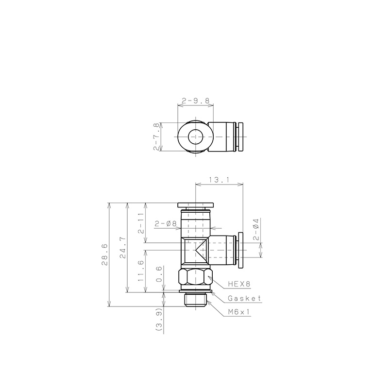 Bản vẽ kỹ thuật Đầu Nối Nhanh Khí Nén Dạng Chữ T Ren Ngoài Pisco PD4-M6M
