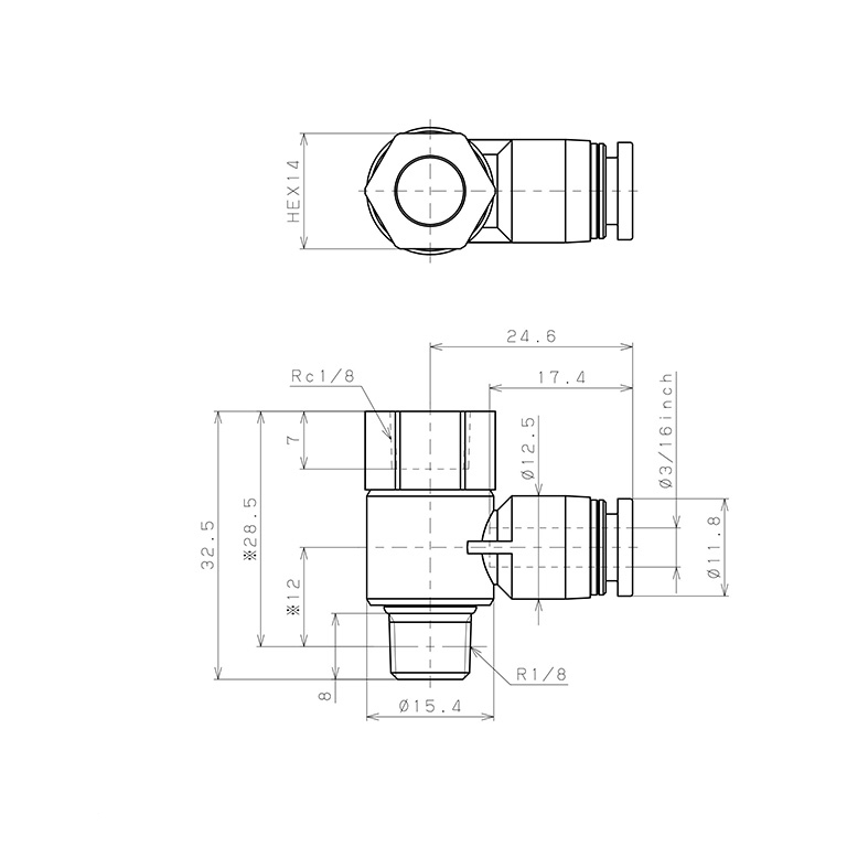Bản vẽ kỹ thuật Đầu Nối Nhanh Khí Nén Cong 90° Đầu Lục Giác Trụ Ren Đực Cái Pisco PHF3/16-01