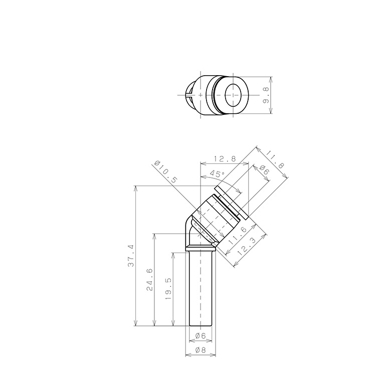 Bản vẽ kỹ thuật Đầu Nối Nhanh Khí Nén Giữa Ống Khí Và Fitting Dạng Cong 45° Pisco PLHJ6M