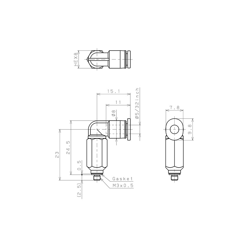 Bản vẽ kỹ thuật Đầu Nối Nhanh Khí Nén Dạng Cong 90° Ren Ngoài (Dài) Pisco PLL5/32-M3M