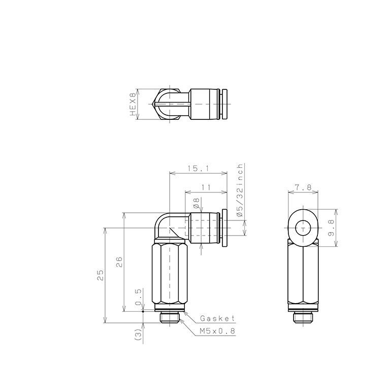Bản vẽ kỹ thuật Đầu Nối Nhanh Khí Nén Dạng Cong 90° Ren Ngoài (Dài) Pisco PLL5/32-M5M